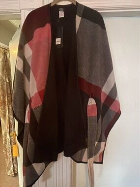 Jones New York Black, Red & Cream Plaid Open-Front Wrap